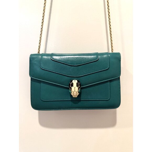 Bvlgari Serpenti Forever Emerald Green Leather Crossbody Bag With Gold Chain Str - Picture 1 of 16